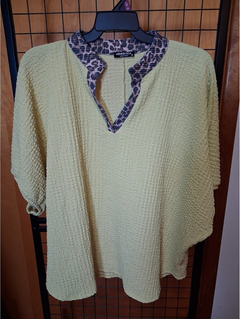 Heimish USA 2X Textured Leopard Trim V Neck Oversized Top Yellow Green